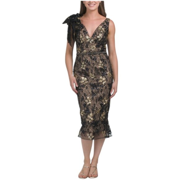 MAC DUGGAL Tea Length Floral Embellished V-neck Dress - Picture 1 of 5